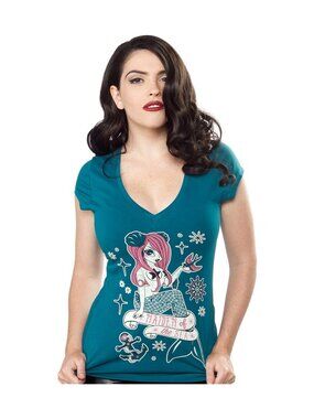 Sea Maiden Mermaid Women's V-Neck Shirt - Cute Alt Goth Punk Ocean Apparel NWT